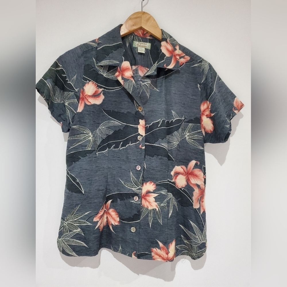 Tommy Bahama Silk Hawaiian button down shirt steel blue w peach flowers size S